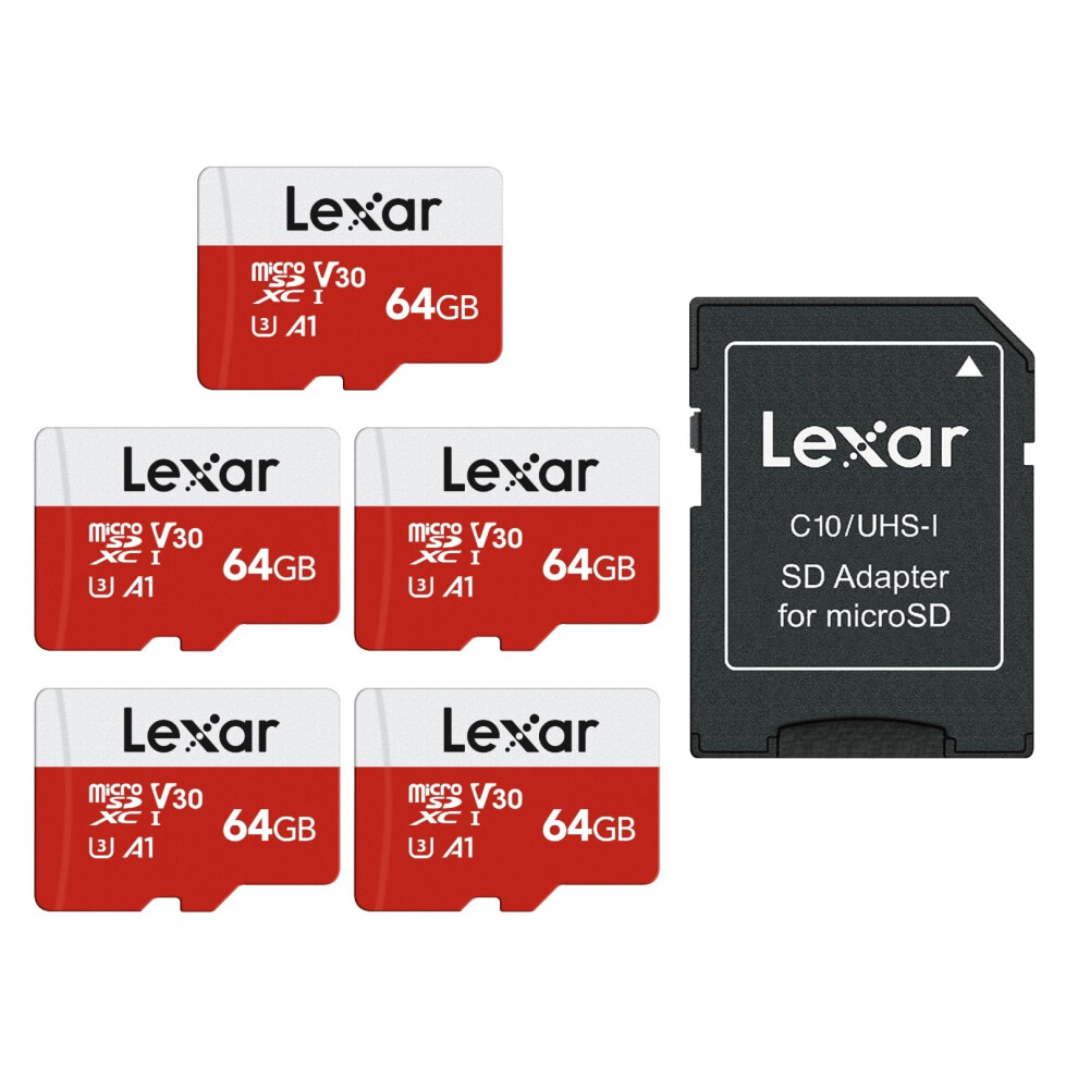 Lexar E-Series 64GB Micro SD Card 5 Pack  microSDXC UHS-I Flash Memory Card with Adapter  100MB/s  C10  U3  A1  V30  Full HD  4K UHD  High S