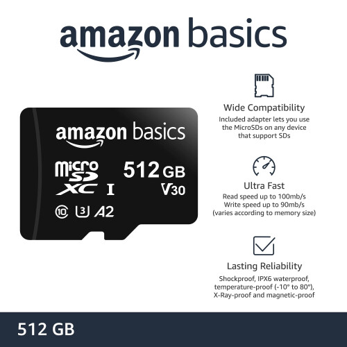 Amazon Amazon Basics Micro SDXC Memory Card with Full Size Adapter, A2, U3, 100 MB/s Read, 512 GB, Black 1