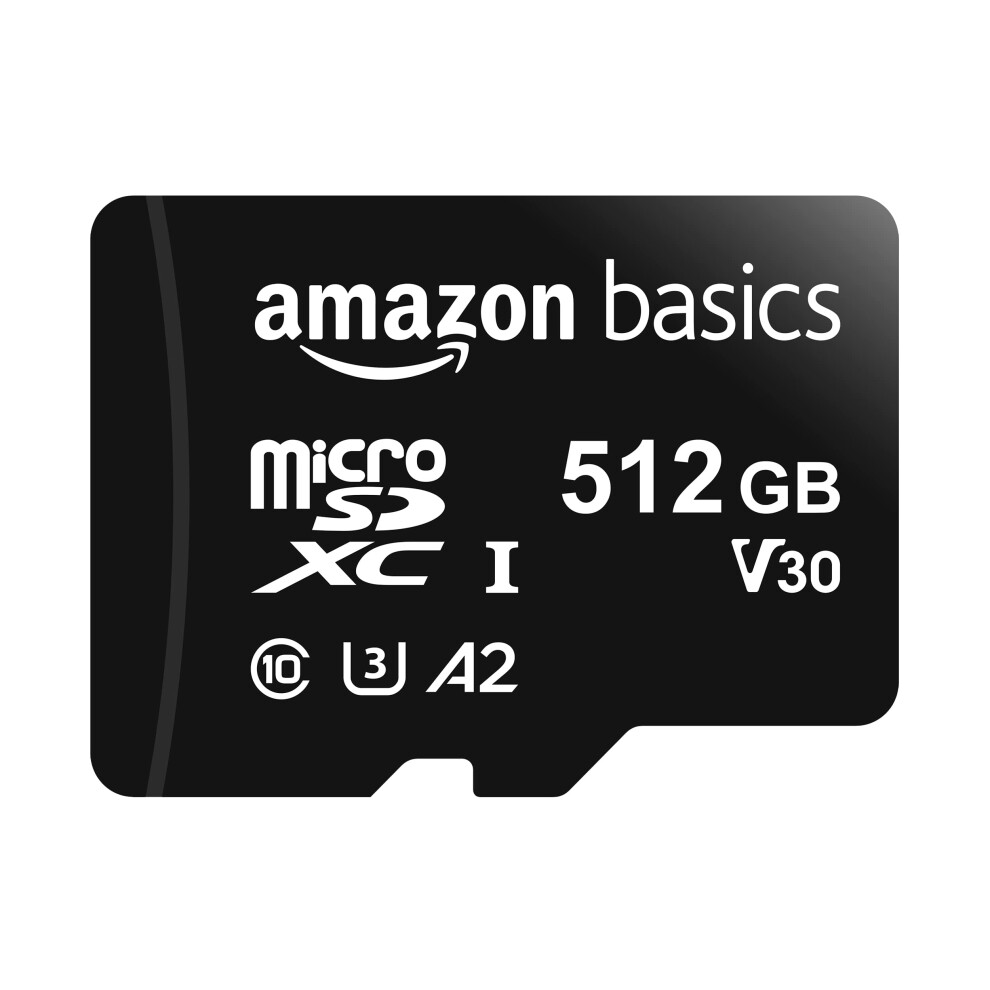 Amazon Basics Micro SDXC Memory Card with Full Size Adapter  A2  U3  Read Speed up to 100 MB/s  512 GB  Black