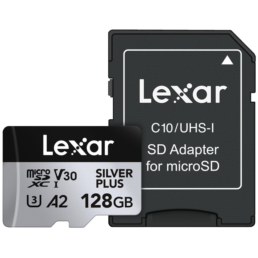 Lexar 128GB Professional Silver Plus microSDXC Memory Card w/SD Adapter  UHS-I  C10  U3  V30  Full-HD & 4K Video  Up to 205/150 MB/s Read/Wr