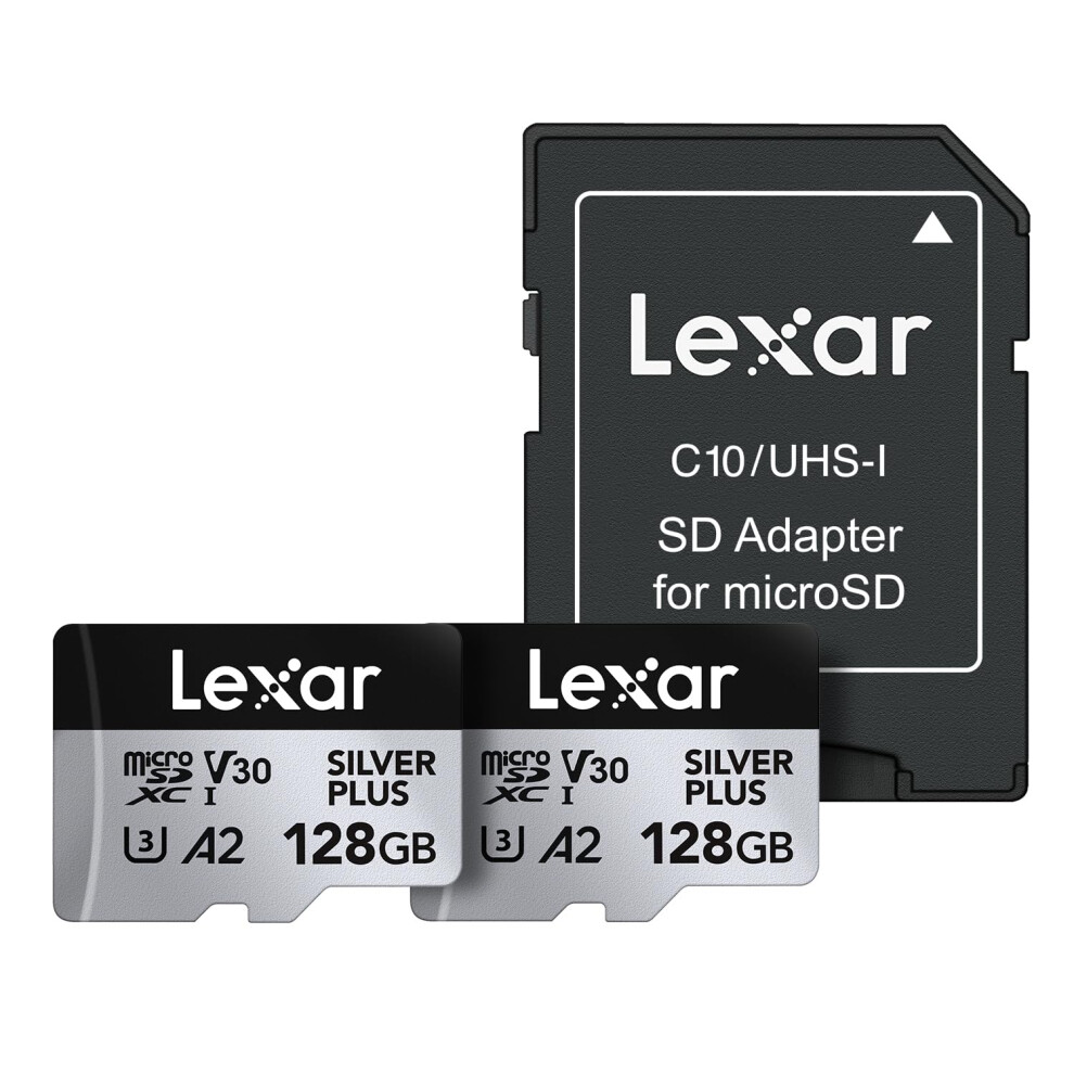 Lexar 128GB (2-Pack) Professional Silver Plus microSDXC Memory Card w/SD Adapter  UHS-I  C10  U3  V30  Full-HD & 4K Video  Up to 205/150 MB/