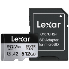 Lexar 512GB Professional Silver Plus microSDXC Memory Card w/SD Adapter UHS-I C10 U3 V30 Full-HD & 4K Video Up to 205/150 MB/s Read/Wr