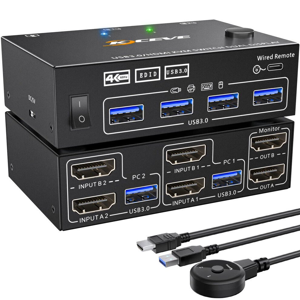 Dual Monitor KVM Switch 2 Port 4K@60Hz 2K@144Hz Simulation EDID HDMI USB 3.0 Switch Extended Display 2 Monitors 2 Computers with HDMI and US