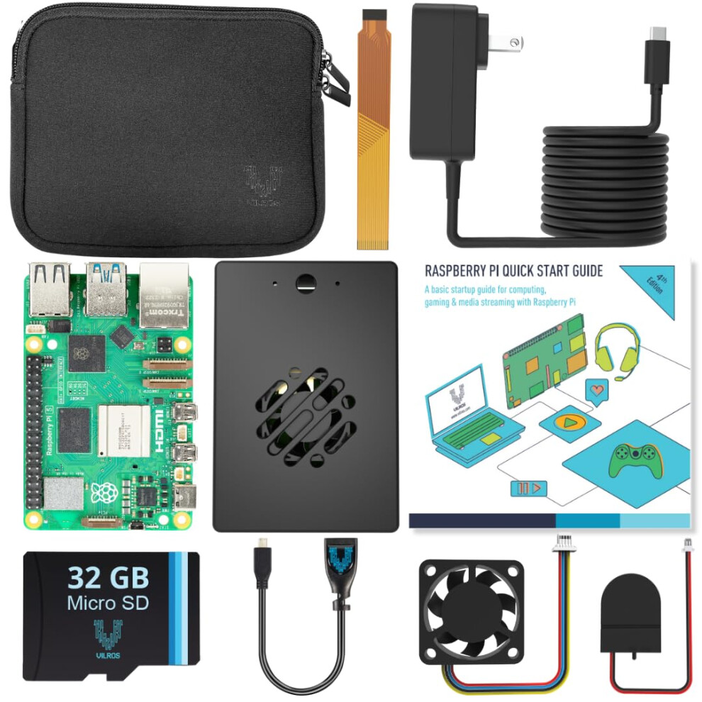 Vilros Raspberry Pi 5-4GB Starter Kit - Turbo Cooled Edition - 32GB Memory (Aluminum Black)