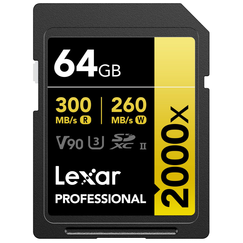 Lexar 64GB Professional 2000x SDXC Memory Card  UHS-II  C10  U3  V90  Full-HD & 8K Video  Up To 300MB/s Read  for DSLR  Cinema-Quality Video