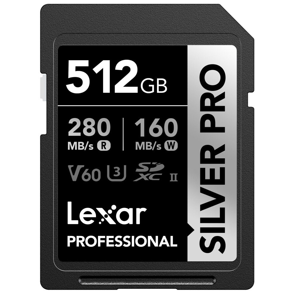 Lexar 512GB Professional SILVER PRO SDXC Memory Card  UHS-II  C10  U3  V60  Full-HD & 4K Video  Up To 280MB/s Read  for Professional Photogr