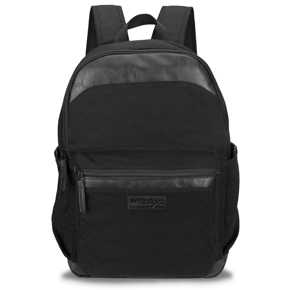 Wrangler Powell Backpack for Travel Classic Logo Water Resistant Casual Daypack for Travel with Padded Laptop Notebook Sleeve (Black)