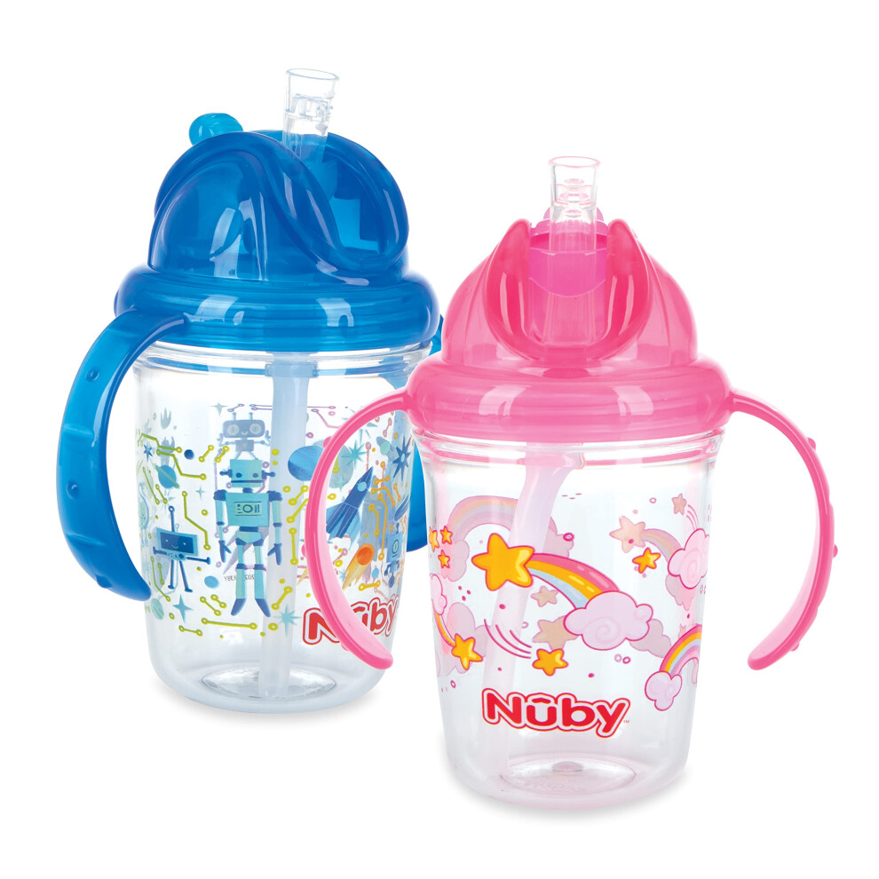 Nuby Tritan 2-Handle No-Spill Flip-it Fat Straw Printed Cup - 8oz/ 240 ml  12+ Months  1pk Prints May Vary