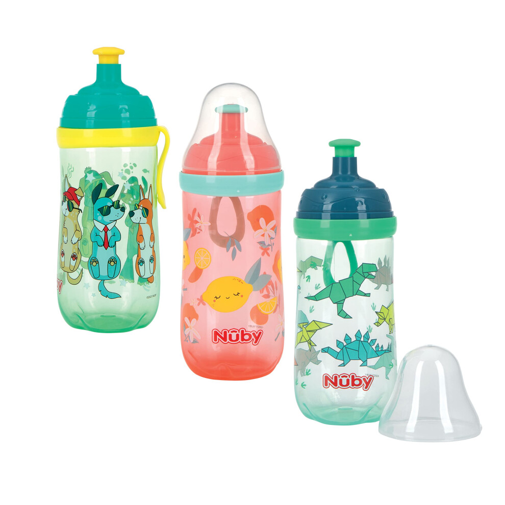 Nuby 2-Stage Busy Sipper Cup with No-Spill Silicone Spout and Free-Flow Pop-Up  12 Ounce Assorted( Colors/Designs May Vary)  6m+  12 OZ