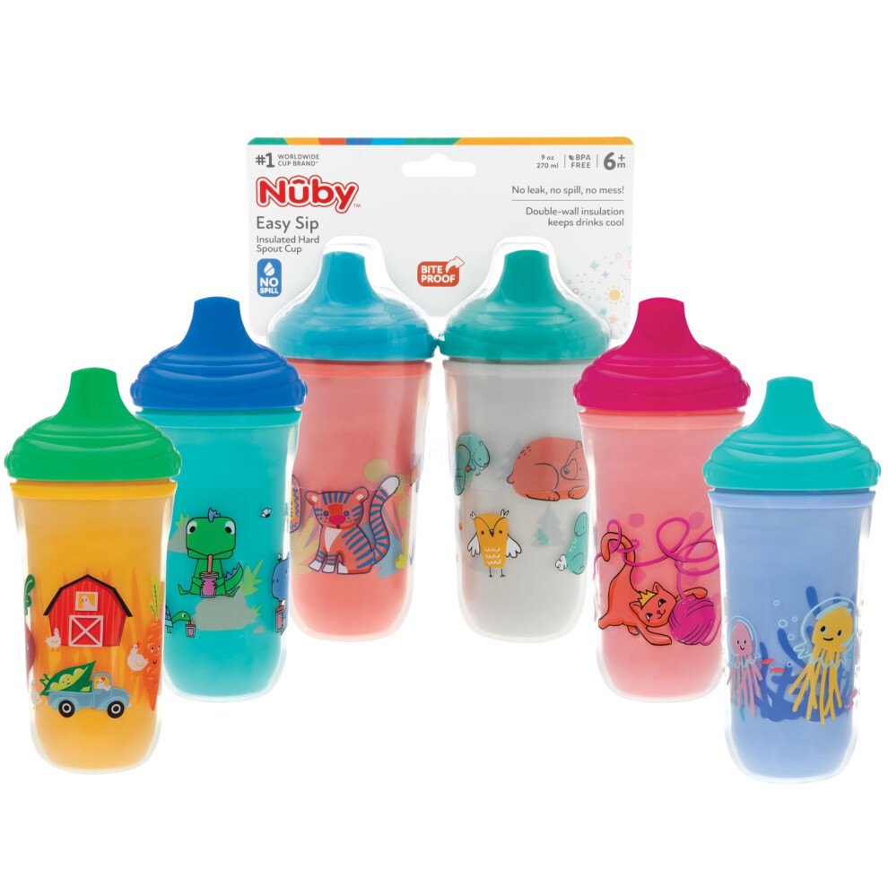 Nuby No-Spill Insulated Hard Spout 9 oz Cup  Colors/Prints May Vary 2 Count (Pack of 1)