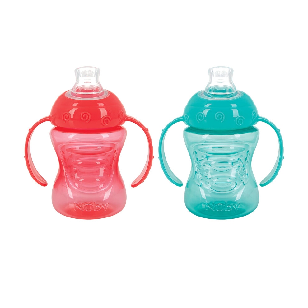 Nuby Plastic 2-Pack Two-Handle No-Spill Super Spout Grip N' Sip Cups  8oz  Coral and Aqua