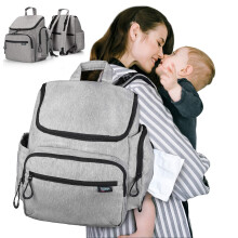 Sac à dos pour couches bébé avec matelas à langer, 13 poches, straps pour poussette, grande capacité, gris, cadeau idéal