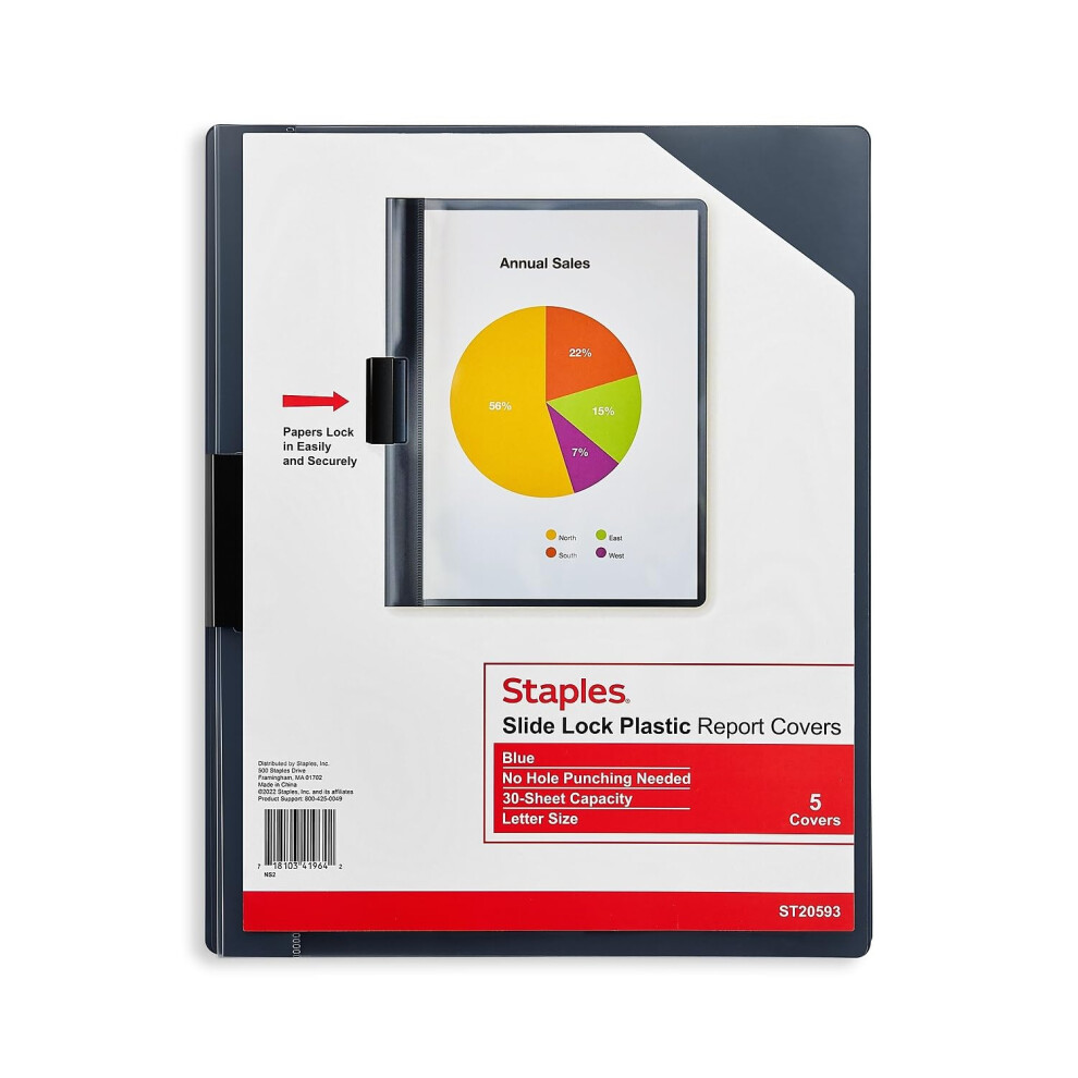 Staples 919873 Slide Locking Report Covers Letter Blue 5/Pack (20593)