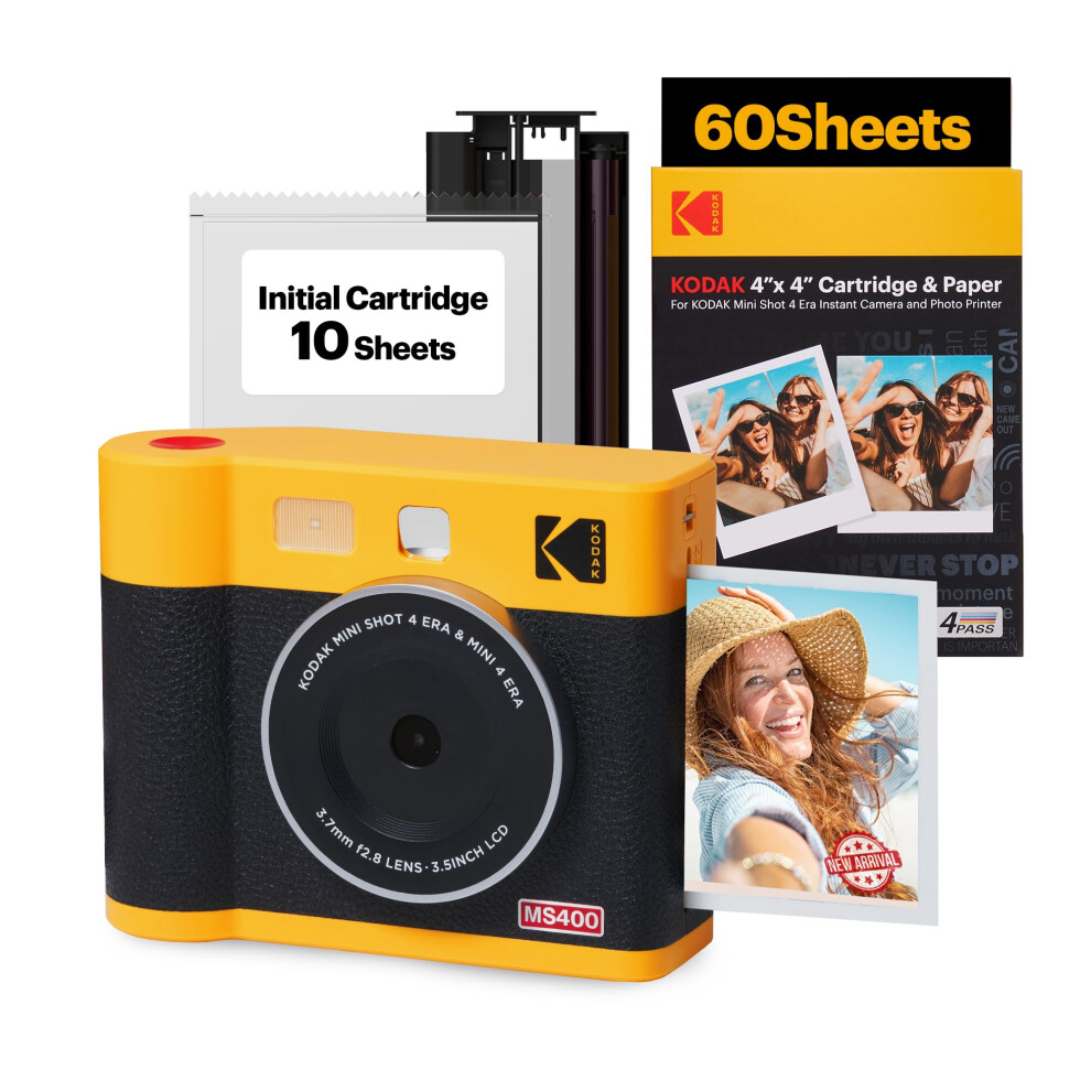 KODAK Mini Shot 4 ERA 4PASS 2-in-1 Instant Camera and Photo Printer (4x4) (Yellow  Camera + 70 Sheets)