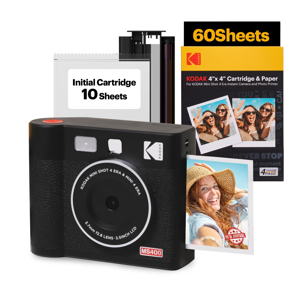 KODAK Mini Shot 4 ERA 4PASS 2-in-1 Instant Camera and Photo Printer (4x4) (Black  Camera + 70 Sheets)