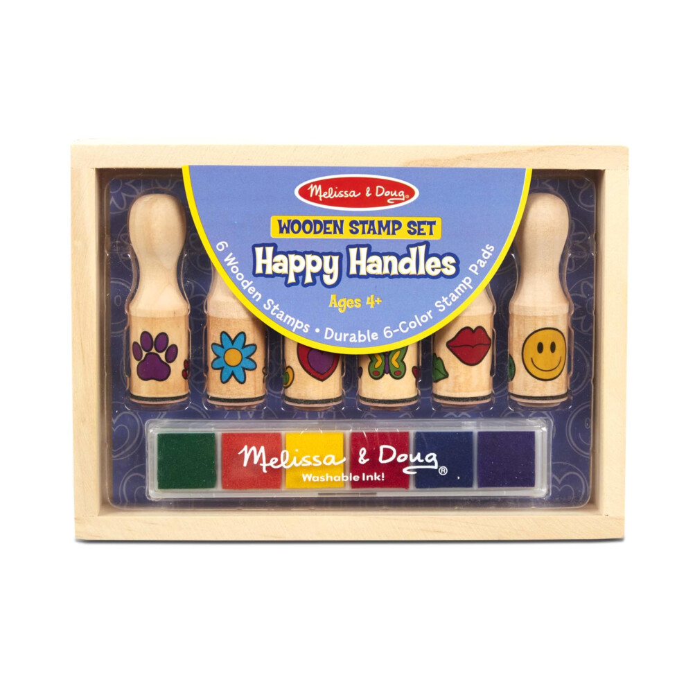 Melissa & Doug Happy Handles Wooden Stamp Set: 6 Stamps and 6-Color Stamp Pad - Kids Stamp Packs With Washable Ink  Easy To Hold Stampers Fo