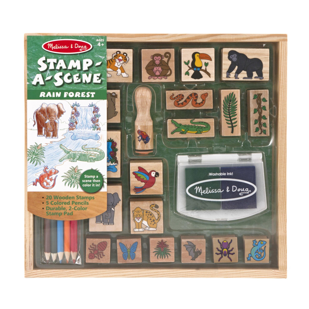 Melissa & Doug Stamp-a-Scene Stamp Set: Rain Forest - 20 Wooden Stamps  5 Colored Pencils  and 2-Color Stamp Pad