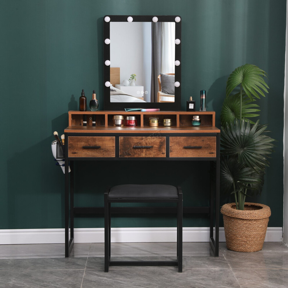 (Brown and Black) WestWood Dressing Makeup Table Set with Stool LED Mirror Drawers Side Storage