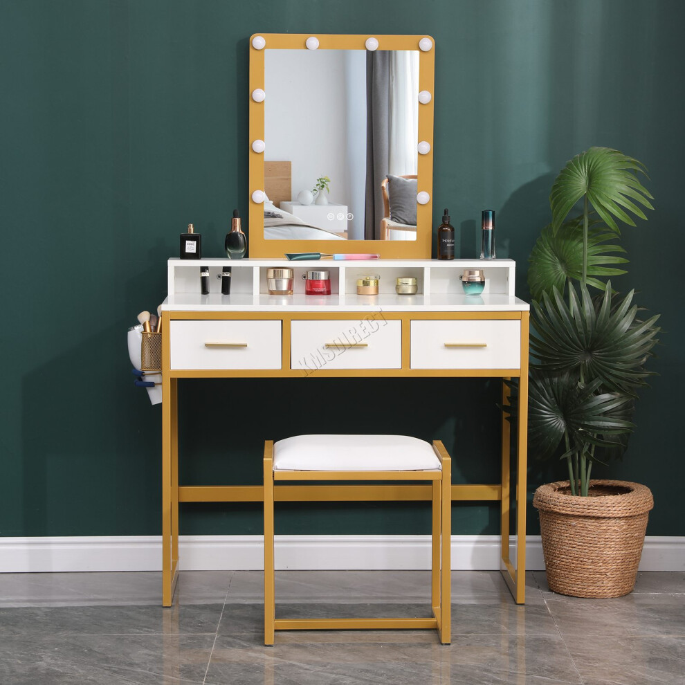 (White and Golden) WestWood Dressing Makeup Table Set with Stool LED Mirror Drawers Side Storage