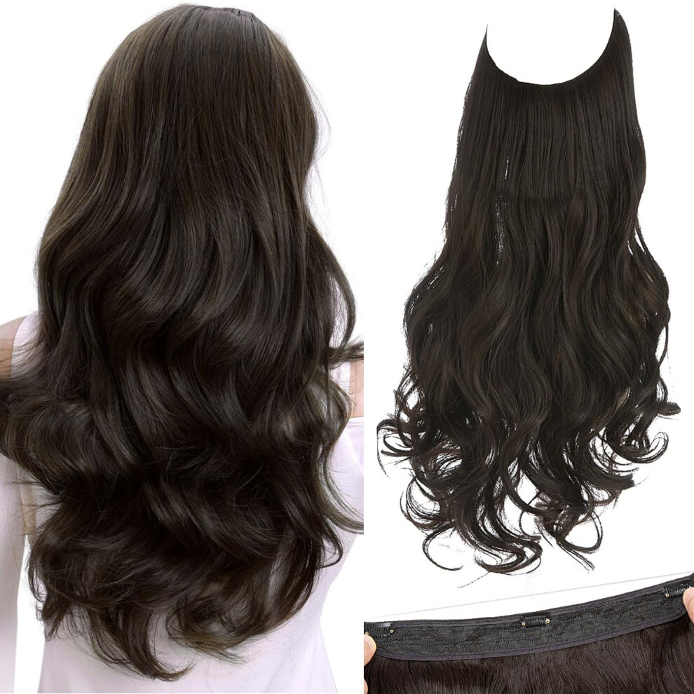 Sarla Unisex Invisible Wire Hair Extensions With 3 Clips Long Synthetic Wavy Curly Hairpiece Adjustable Transparent Headband For Women 18 Inch Blac