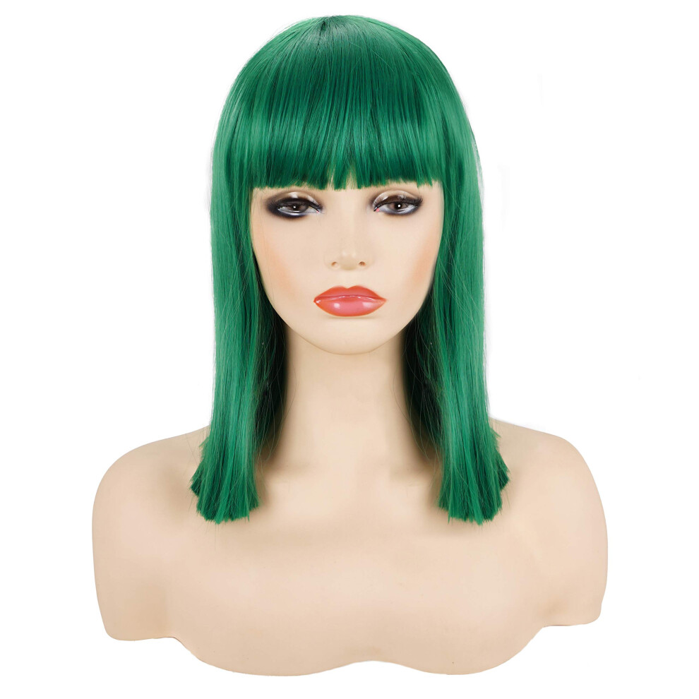 Morvally Unisex Green Short Straight Bob Wig Heat Resistant Hair With Blunt Bangs Natural Looking Cosplay Costume Daily Wigs (14"" )