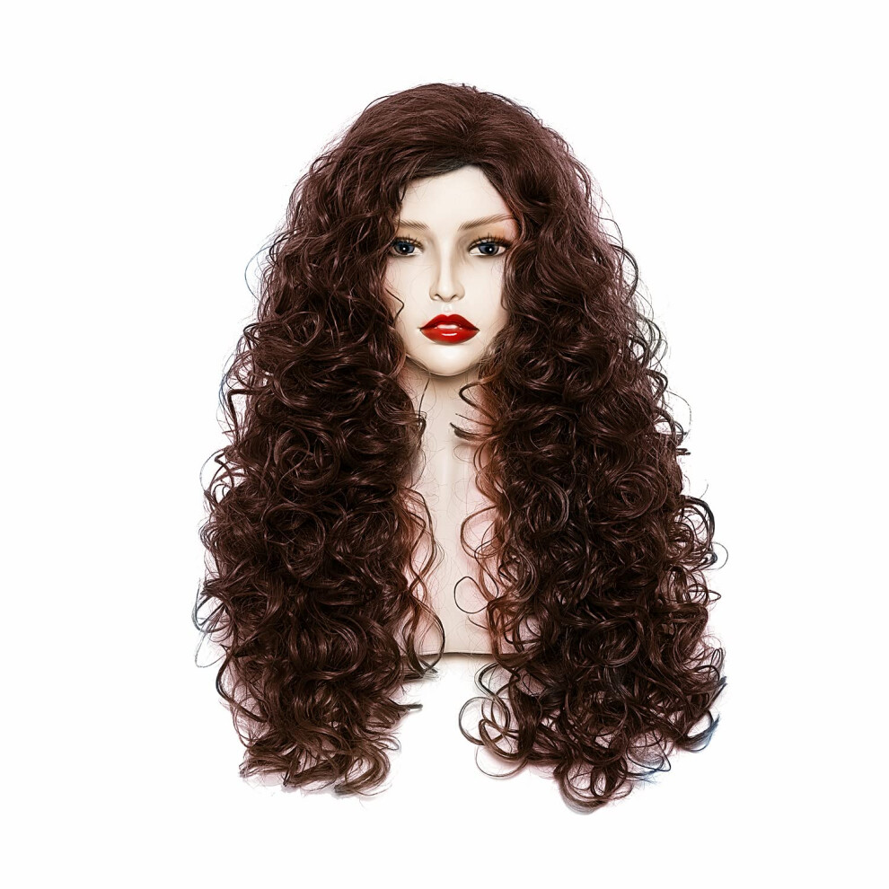 Rugelyss Unisex Brown Long Wavy Wigs 28 Inches Natural Dark Synthetic Kinky Curly Hair Wig For Women Or Cosplay(Dark )