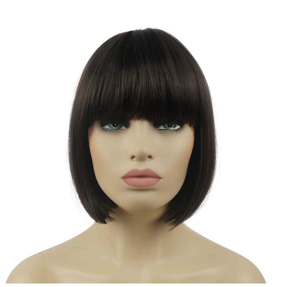 Lydell Unisex Brown 8"" Straight Short Bob Hair Flat Bangs Cute Central Dot Skin Top Heat Resistant Synthetic Wigs (6 Chestnut )