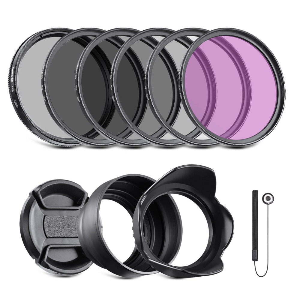 NEEWER 62mm ND Filter Kit and Lens Accessories  ND2 ND4 ND8 UV FLD CPL(Circular Polarizing) Filter Set with Lens Cap/Tulip Shaped Lens Hood