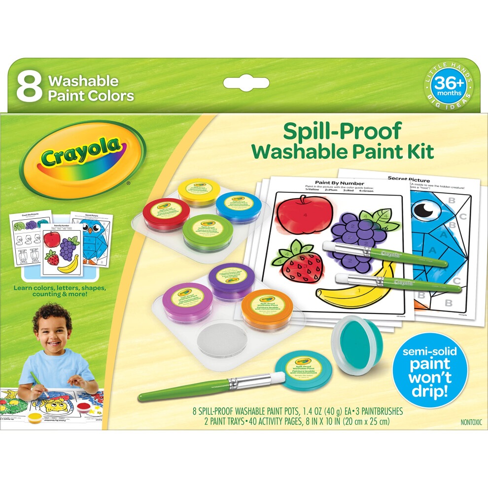 Crayola Spill Proof Paint Set (8ct)  Washable Toddler Paint Kit  with Activity Pages  Kids Paint Brushes  Paint Pots  Ages 3+