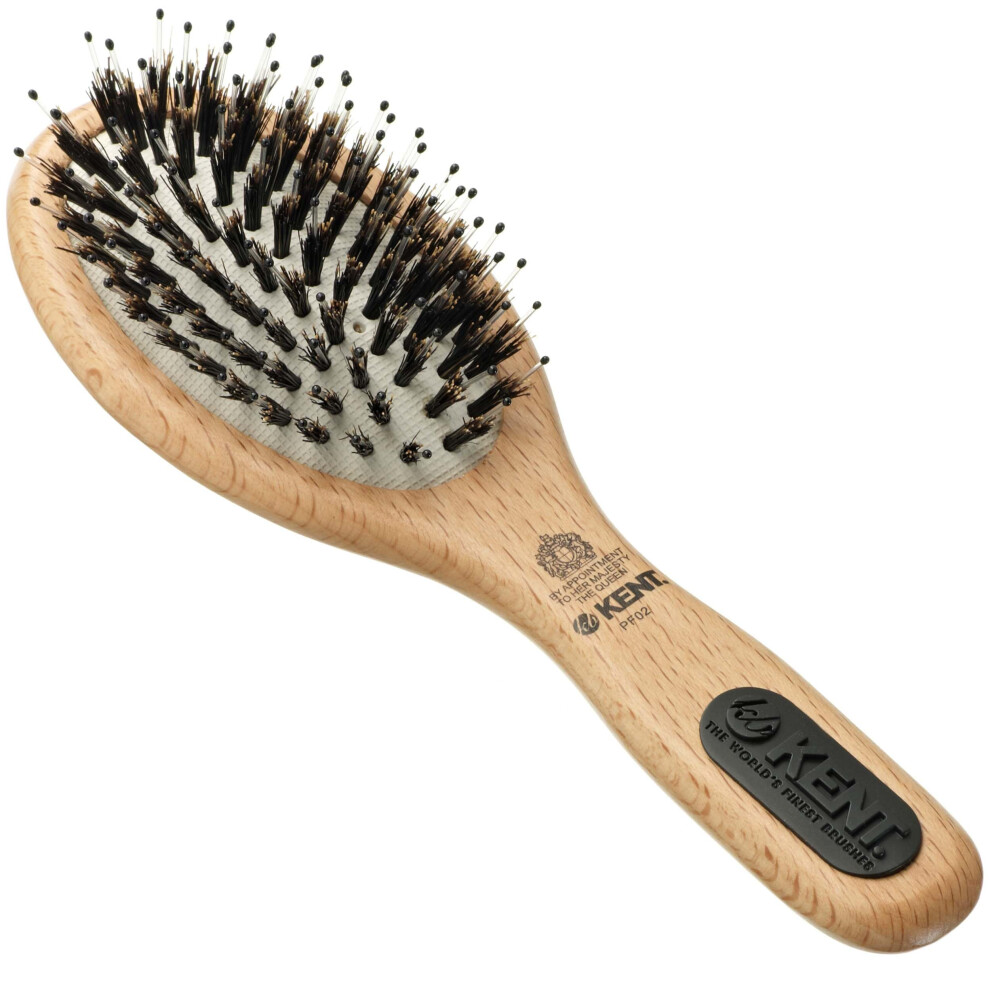 Kent PF02 Small Cushion Detangler Brush - Boar Bristle & Nylon Mix for Smoothing and Straightening Oval Wood Paddle for Medium to Long Hair