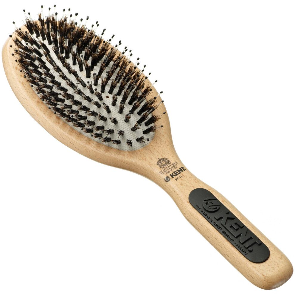 Kent PF01 Large Cushion Detangler Brush  Boar Bristle and Non-Scratch Nylon Mix Hairbrush for Straightening Smoothing. Oval Wood Paddle Deta