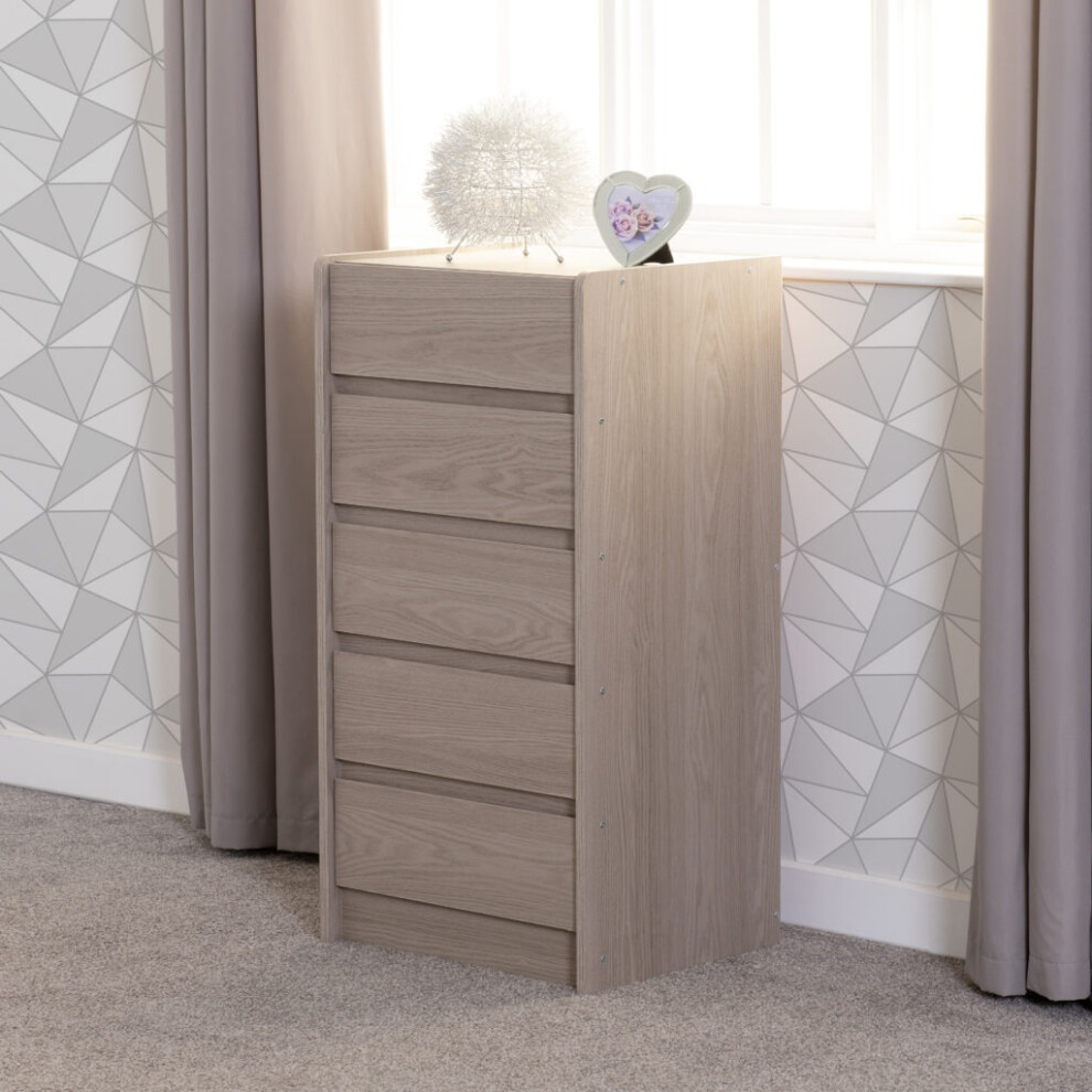 Seconique Paris 5 Drawer Narrow Chest Smoked Ash Effect Curved Edges