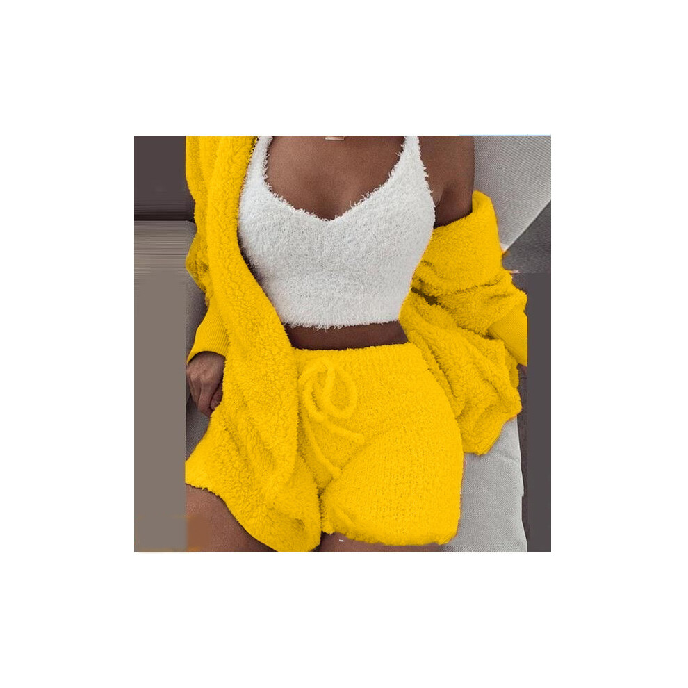 (Lemon yellow, XXXL) Women's winter plush home wear casual 3-piece pajamas long-sleeved shorts sports suit for women-image-OPC-PFNPSGQ-NEW