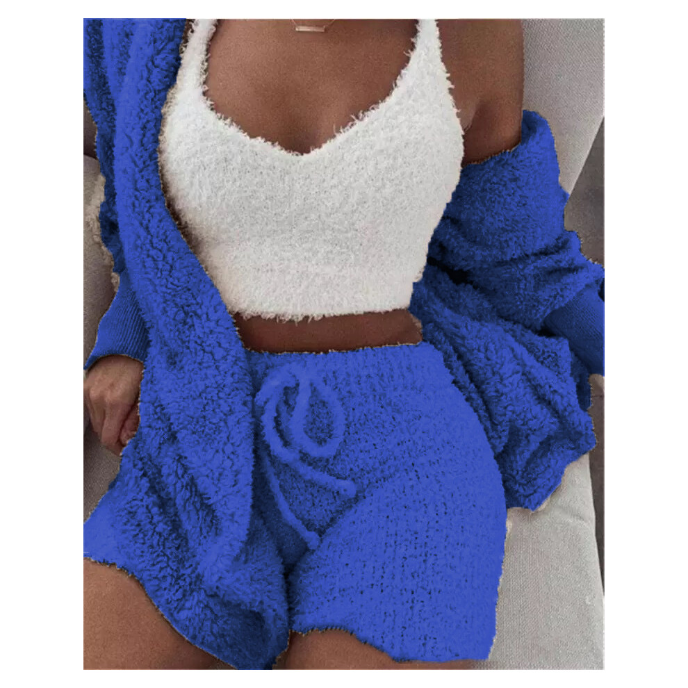 (Dark blue, XXXL) Women's winter plush home wear casual 3-piece pajamas long-sleeved shorts sports suit for women-image-OPC-PFNPSHG-NEW