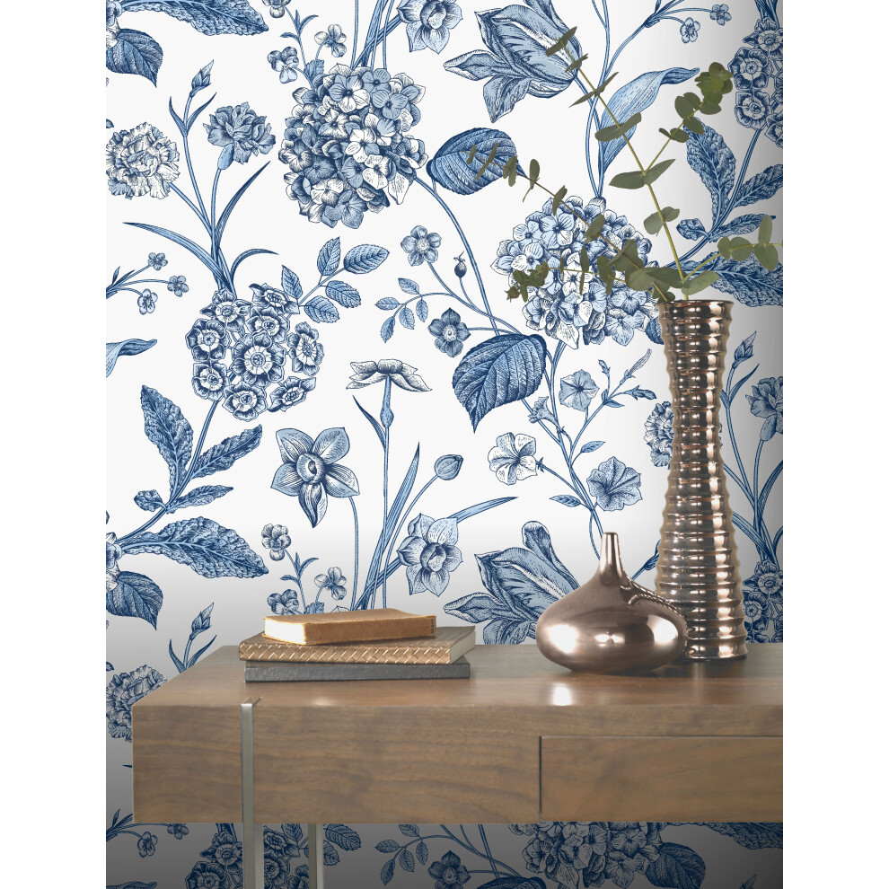 (Full Roll) Rasch Hydrangea Blue Printed Wallpaper Roll Decor 5061018357901