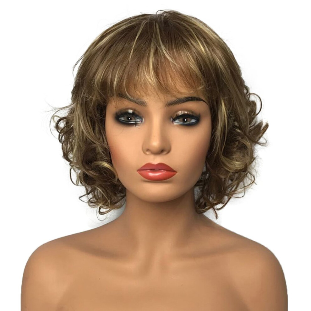 Wiginway Women Wigs Short Curly Brown Hair Wig Bangs Natural Full Synthetic Wig 6 Inches