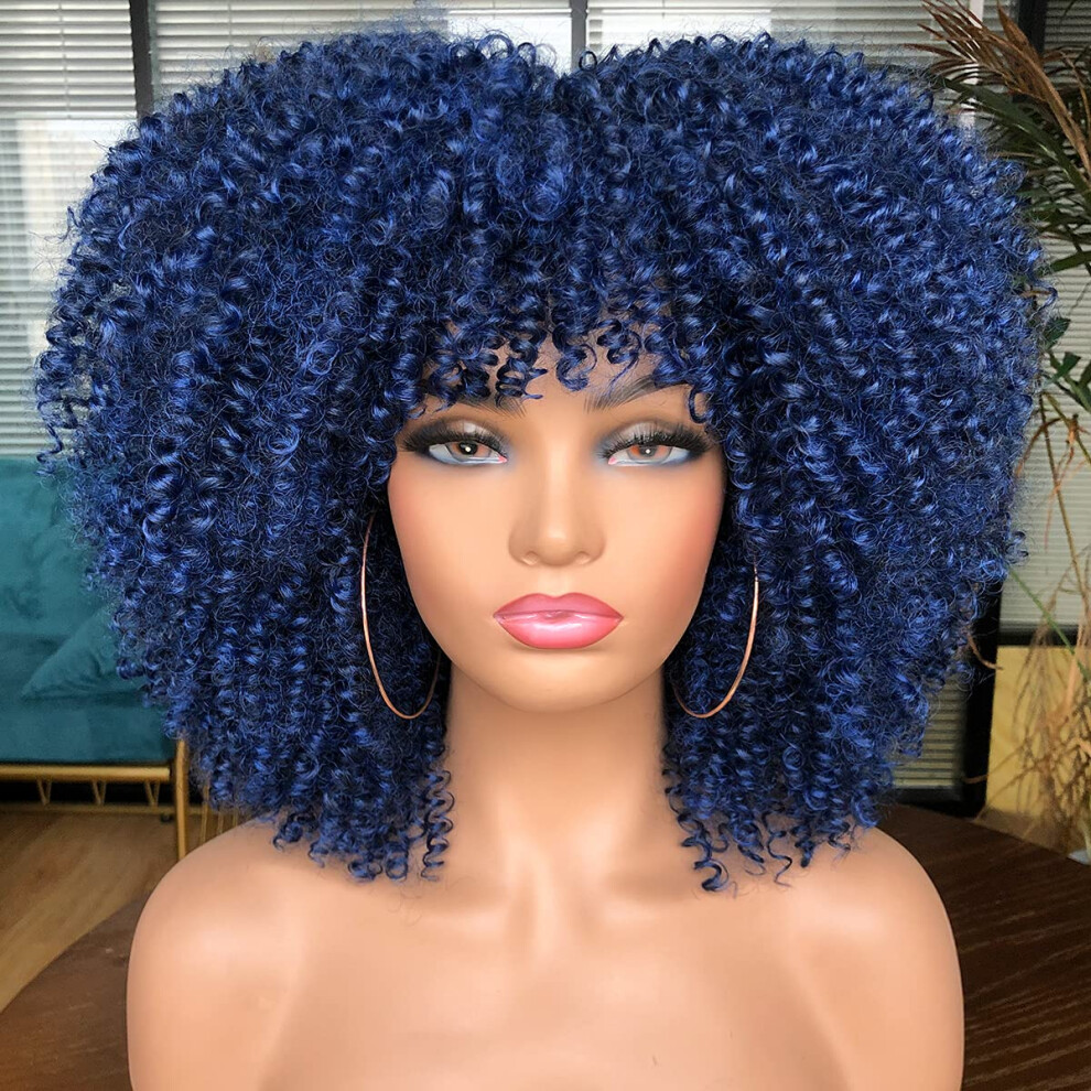 Runm Hair Runm Short Curly Afro Wig With Bangs For Black Women Kinky Curly Hair Wig Afro Synthetic Full Wigs(Blue)