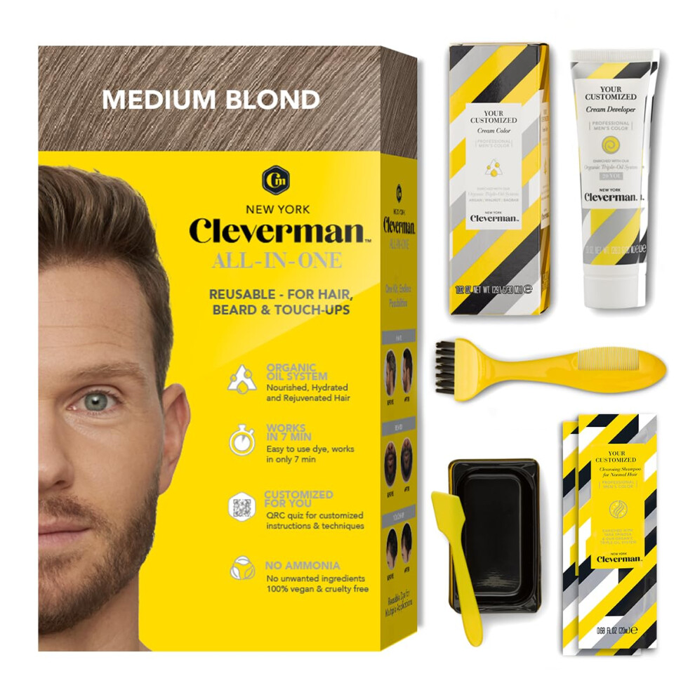 Cleverman Medium Blond All-in-One Reusable Kit for Men's Natural-Looking Gray Coverage - Professional-Quality Hair  Beard & Mustache Color-image-OPC-PFNPXYN-NEW
