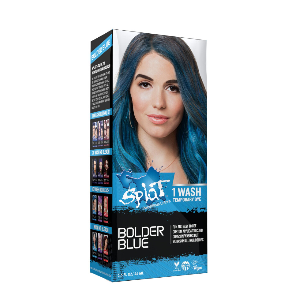 Splat Bolder Blue 1 Wash Temporary Hair Dye  1.5 oz. Single Application  Comb Applicator and Quick Dry Formula  Easily Washes Out  Vegan & C