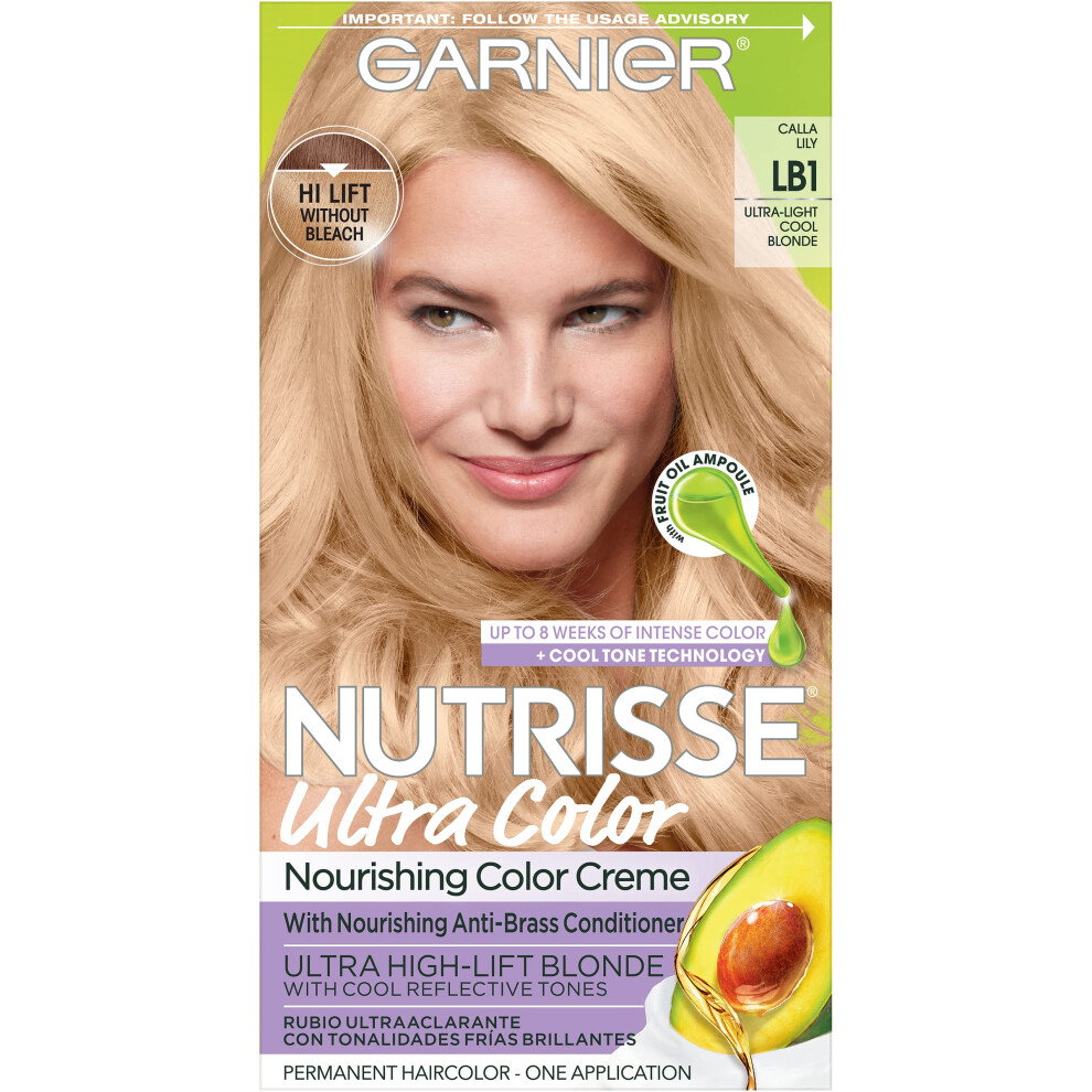 Garnier Hair Color Nutrisse Ultra Color Nourishing Creme  LB1 Ultra Light Cool Blonde (Calla Lily) Permanent Hair Dye  1 Count (Packaging Ma