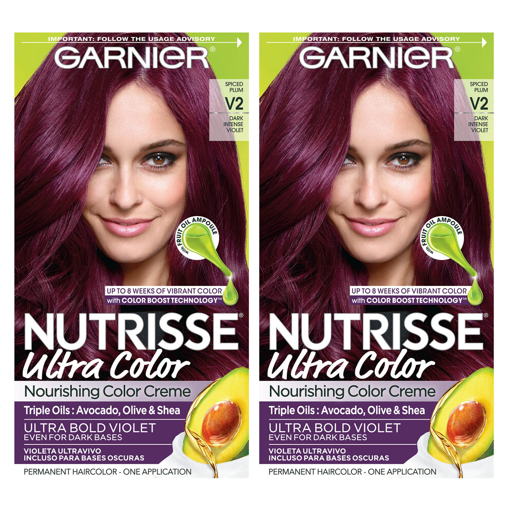 Garnier Hair Color Nutrisse Ultra Color Nourishing Creme  V2 Dark Intense Violet (Spiced Plum) Purple Permanent Hair Dye  2 Count (Packaging