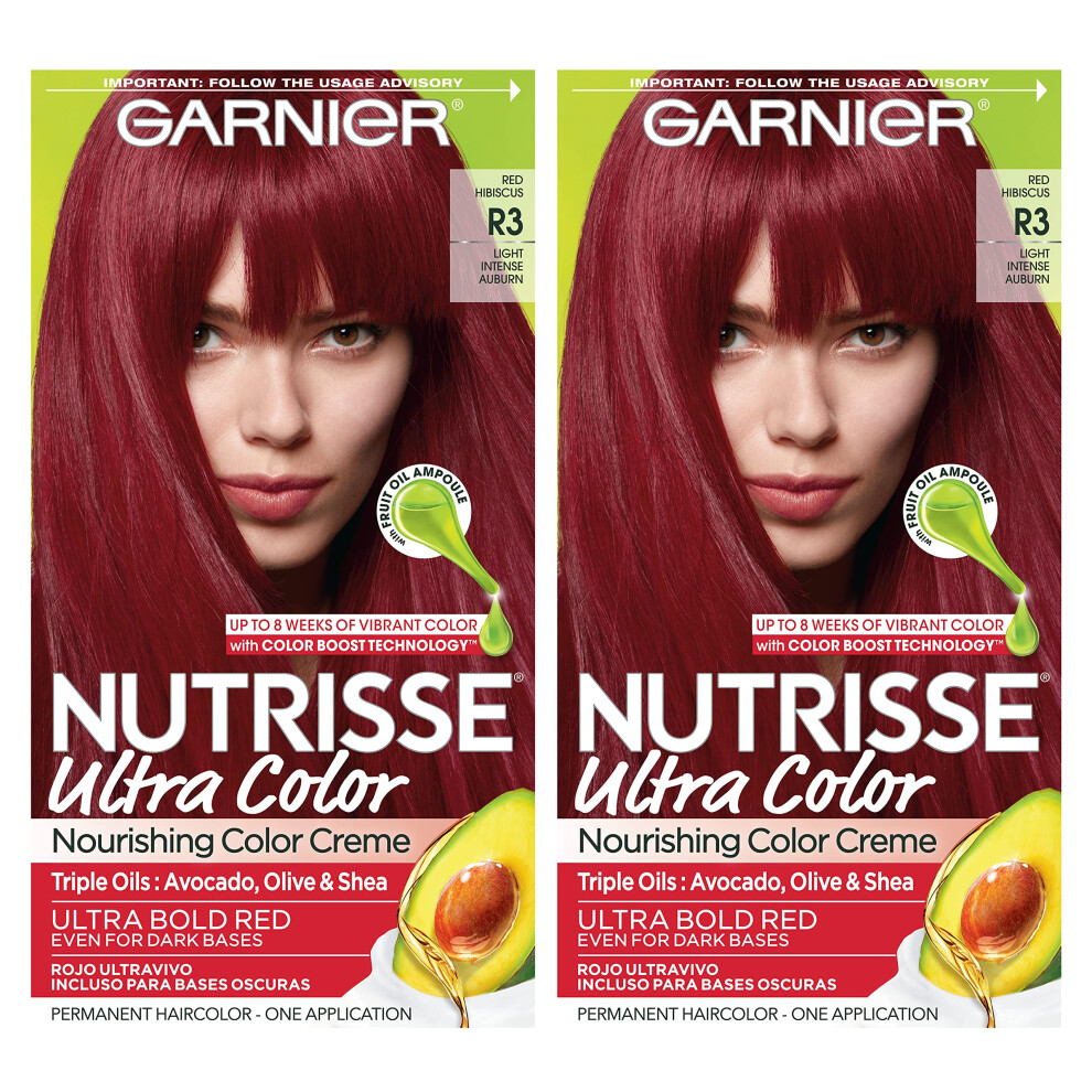 Garnier Hair Color Nutrisse Ultra Color Nourishing Creme  R3 Light Intense Auburn (Red Hibiscus) Permanent Hair Dye  2 Count (Packaging May