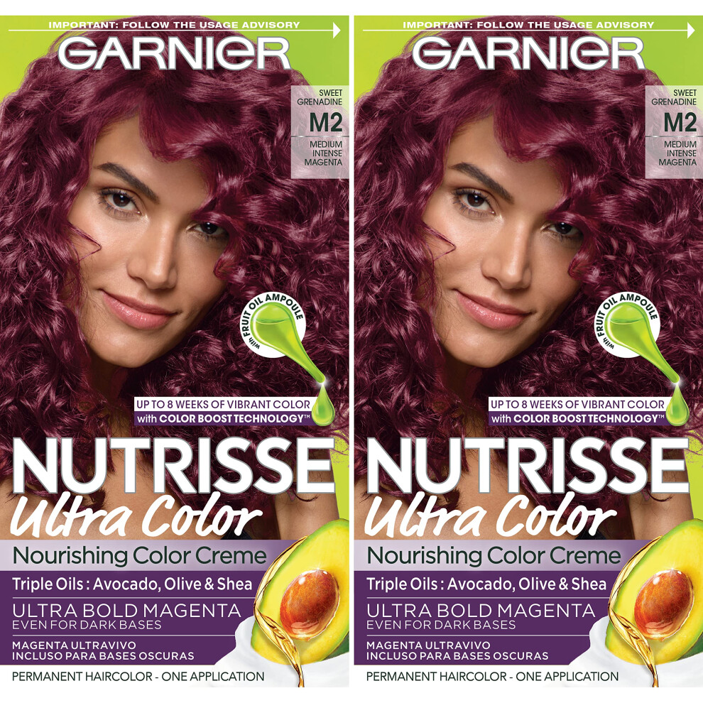 Garnier Hair Color Nutrisse Ultra Color Nourishing Creme  M2 Medium Intense Magenta (Sweet Grenadine) Permanent Hair Dye  2 Count (Packaging