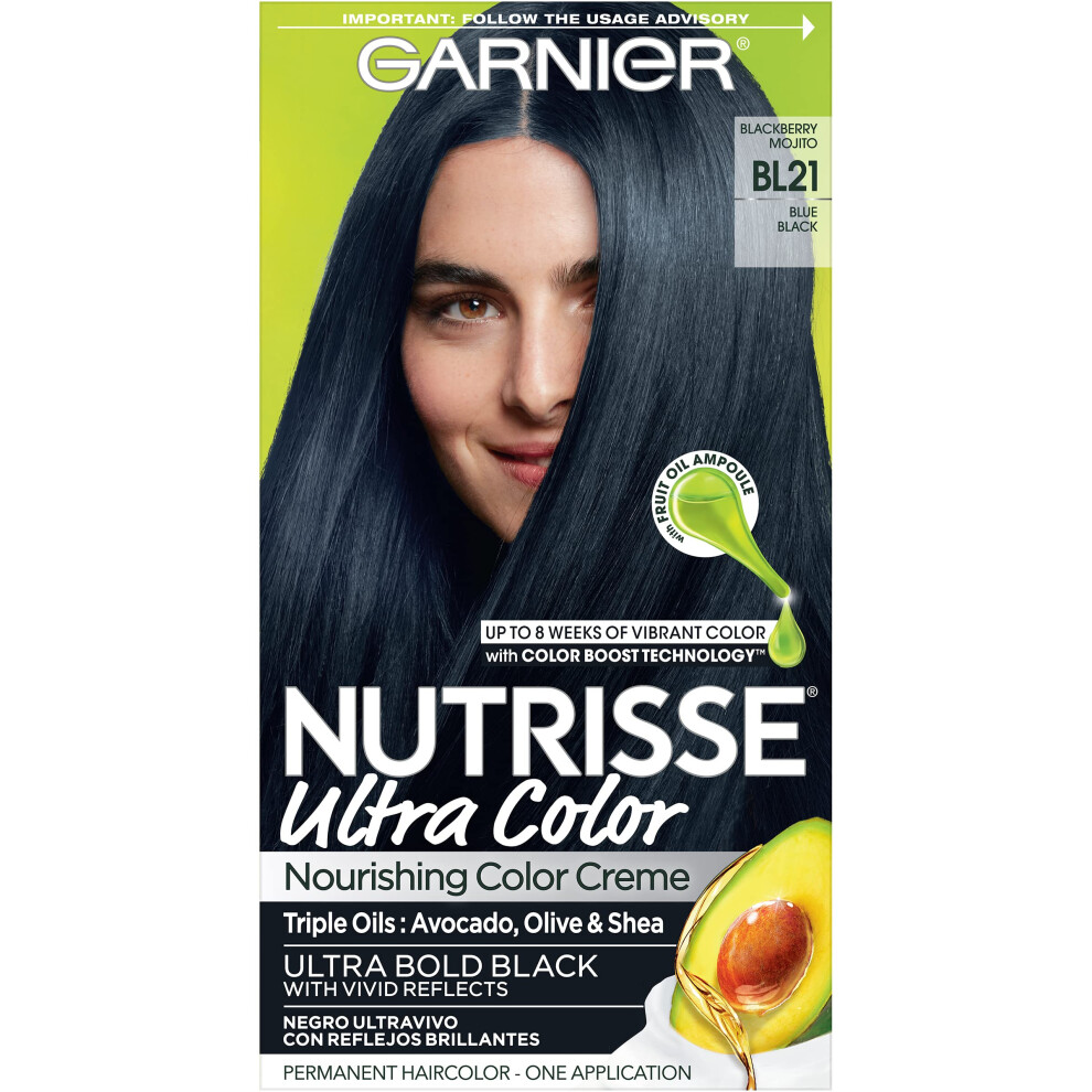 Garnier Hair Color Nutrisse Ultra Color Nourishing Creme  BL21 Reflective Blue Black (Blackberry Mojito) Permanent Hair Dye  1 Count (Packag