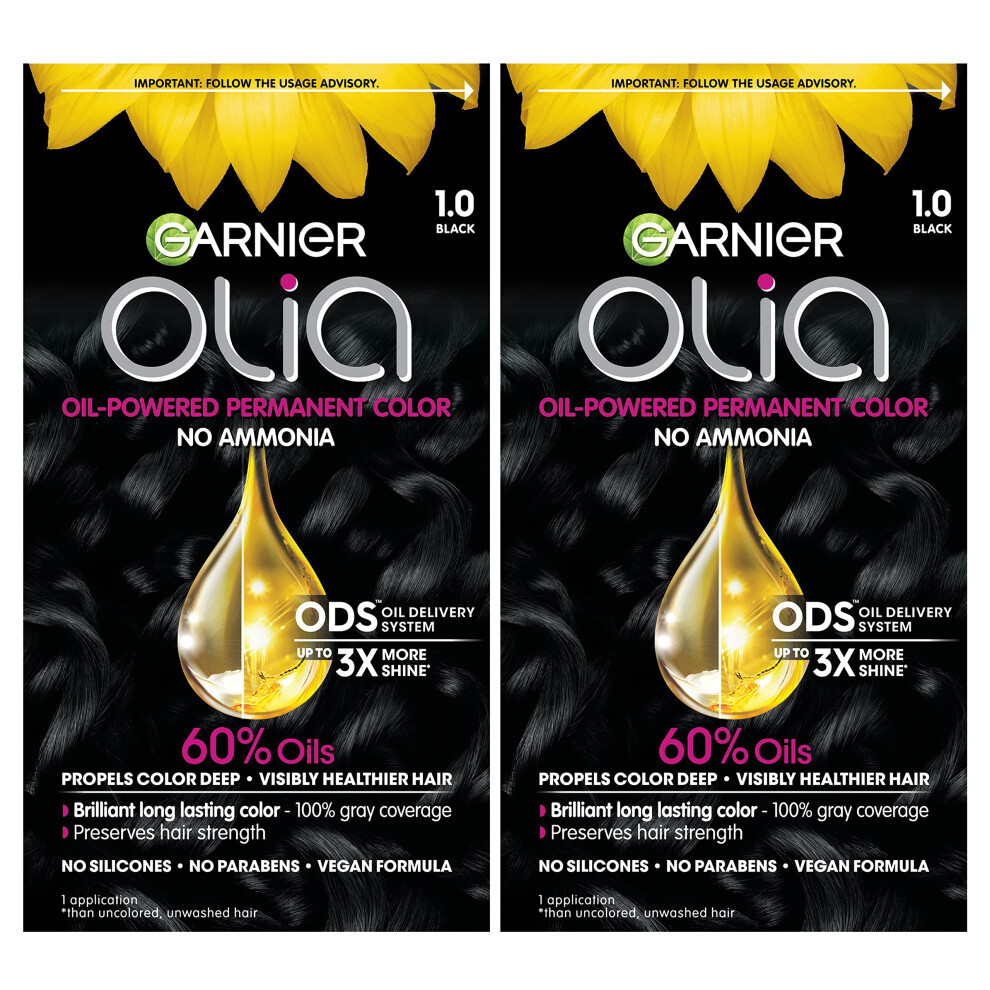 Garnier Hair Color Olia Ammonia-Free Brilliant Color Oil-Rich Permanent Hair Dye  1.0 Black  2 Count (Packaging May Vary)