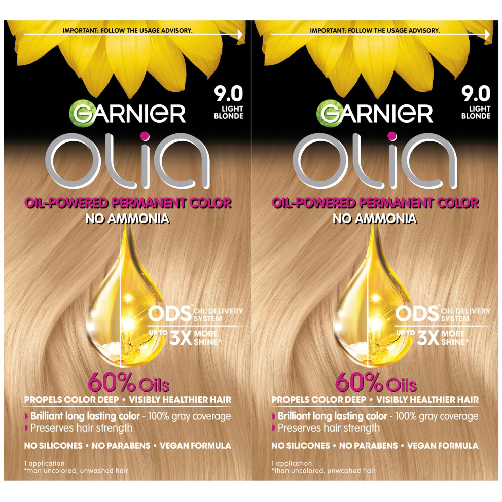 Garnier Hair Color Olia Ammonia-Free Brilliant Color Oil-Rich Permanent Hair Dye  9.0 Light Blonde  2 Count (Packaging May Vary)