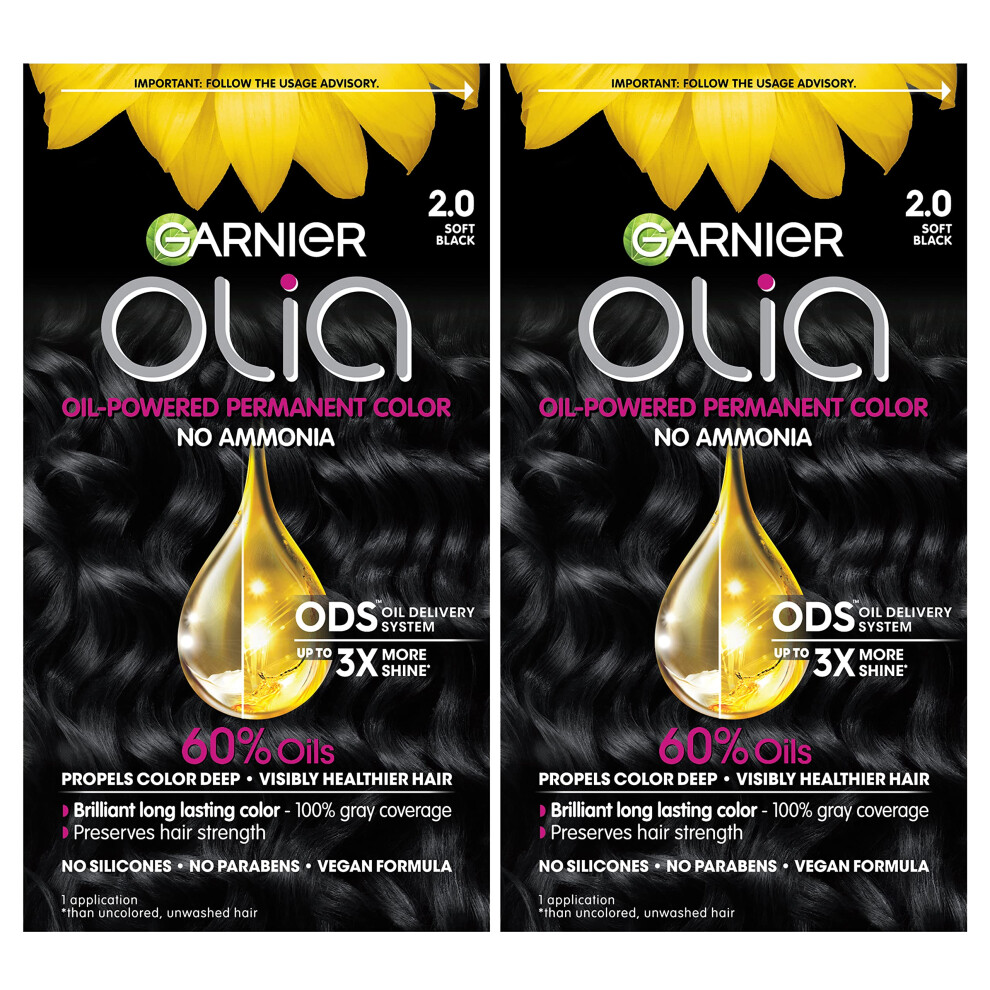 Garnier Hair Color Olia Ammonia-Free Brilliant Color Oil-Rich Permanent Hair Dye  2.0 Soft Black  2 Count (Packaging May Vary)