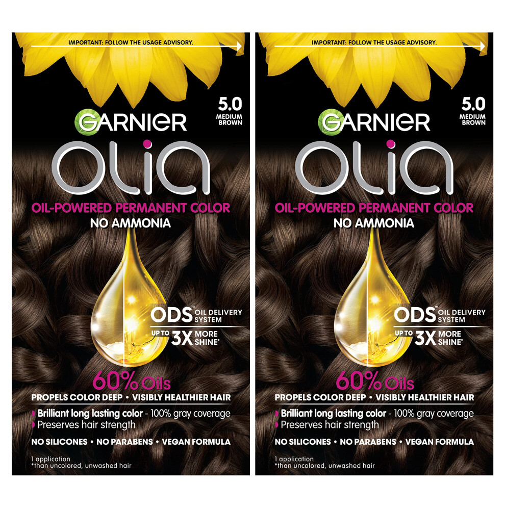 Garnier Hair Color Olia Ammonia-Free Brilliant Color Oil-Rich Permanent Hair Dye  5.0 Medium Brown  2 Count (Packaging May Vary)