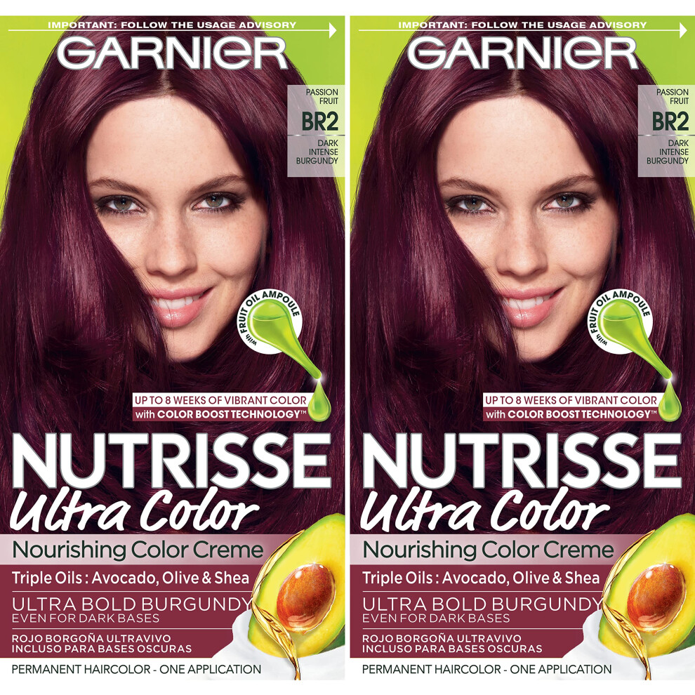 Garnier Hair Color Nutrisse Ultra Color Nourishing Creme  BR2 Dark Intense Burgundy (Passion Fruit) Red Permanent Hair Dye  2 Count (Packagi-image-OPC-PFNPYDZ-NEW