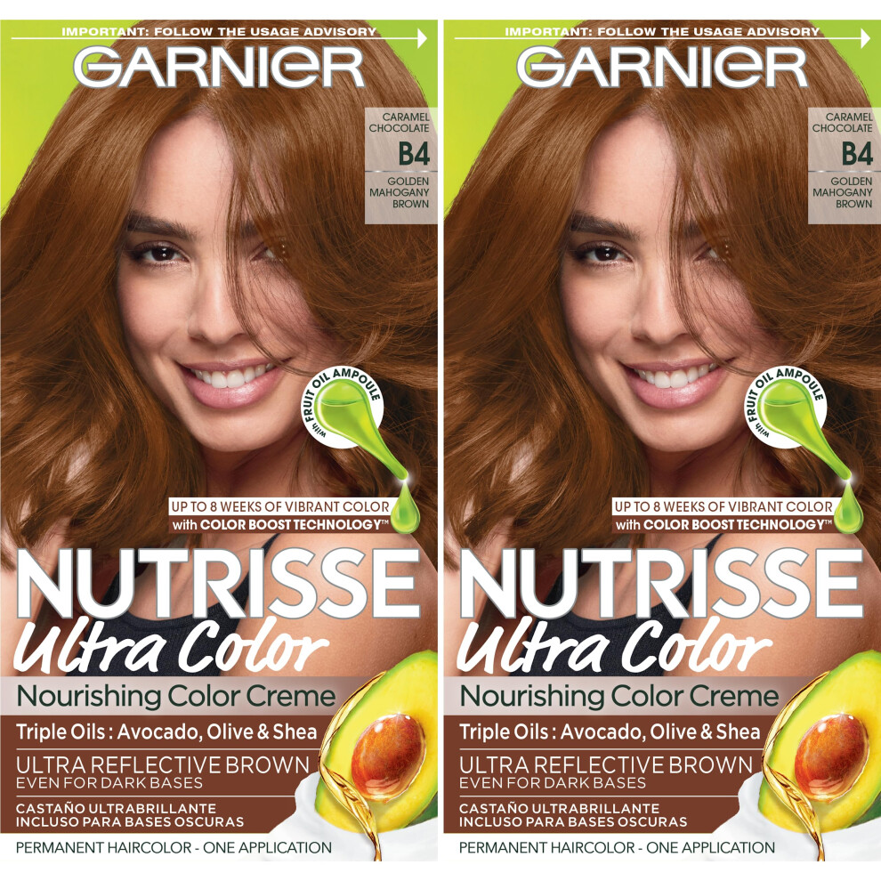 Garnier Hair Color Nutrisse Ultra Color Nourishing Creme  B4 Golden Mahogany Brown (Caramel Chocolate) Permanent Hair Dye  2 Count (Packagin